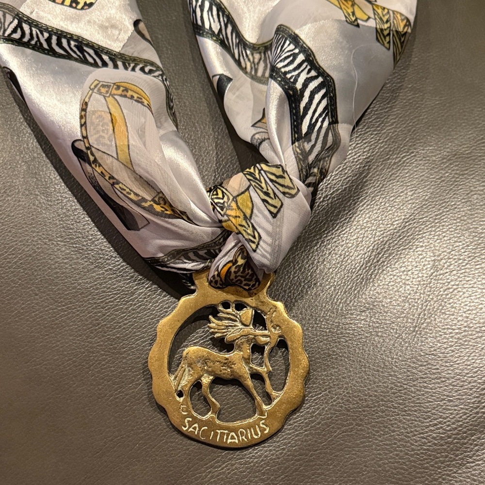 Sagittarius Zodiac Medallion Scarf Piece - Gold & White